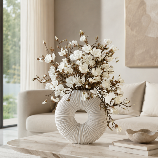 Vase Éternité beige mat avec magnolias et bois flotté pour décoration intérieure | Solérive