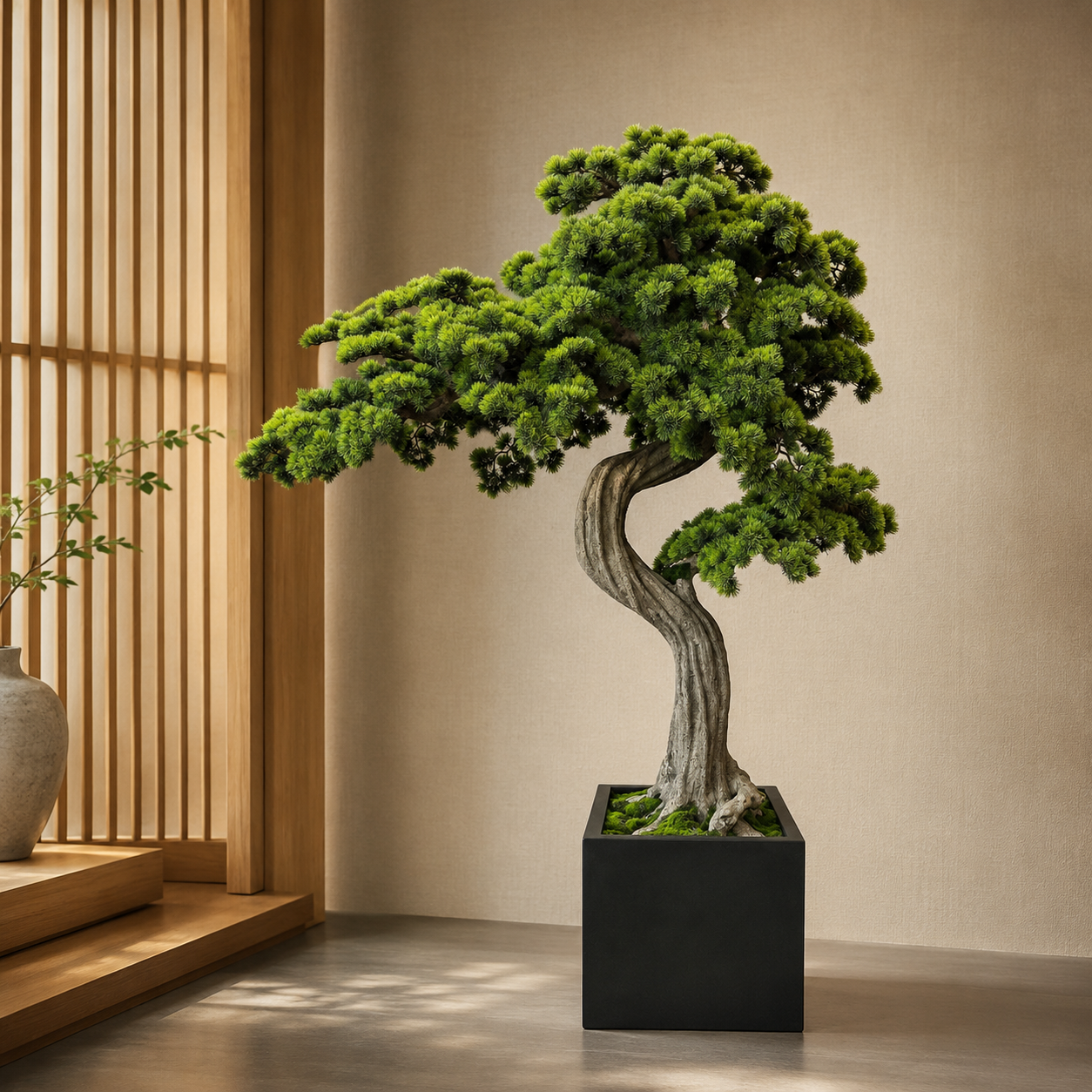 Bonsaï géant dans un cache-pot noir mat pour décoration intérieure | Solérive