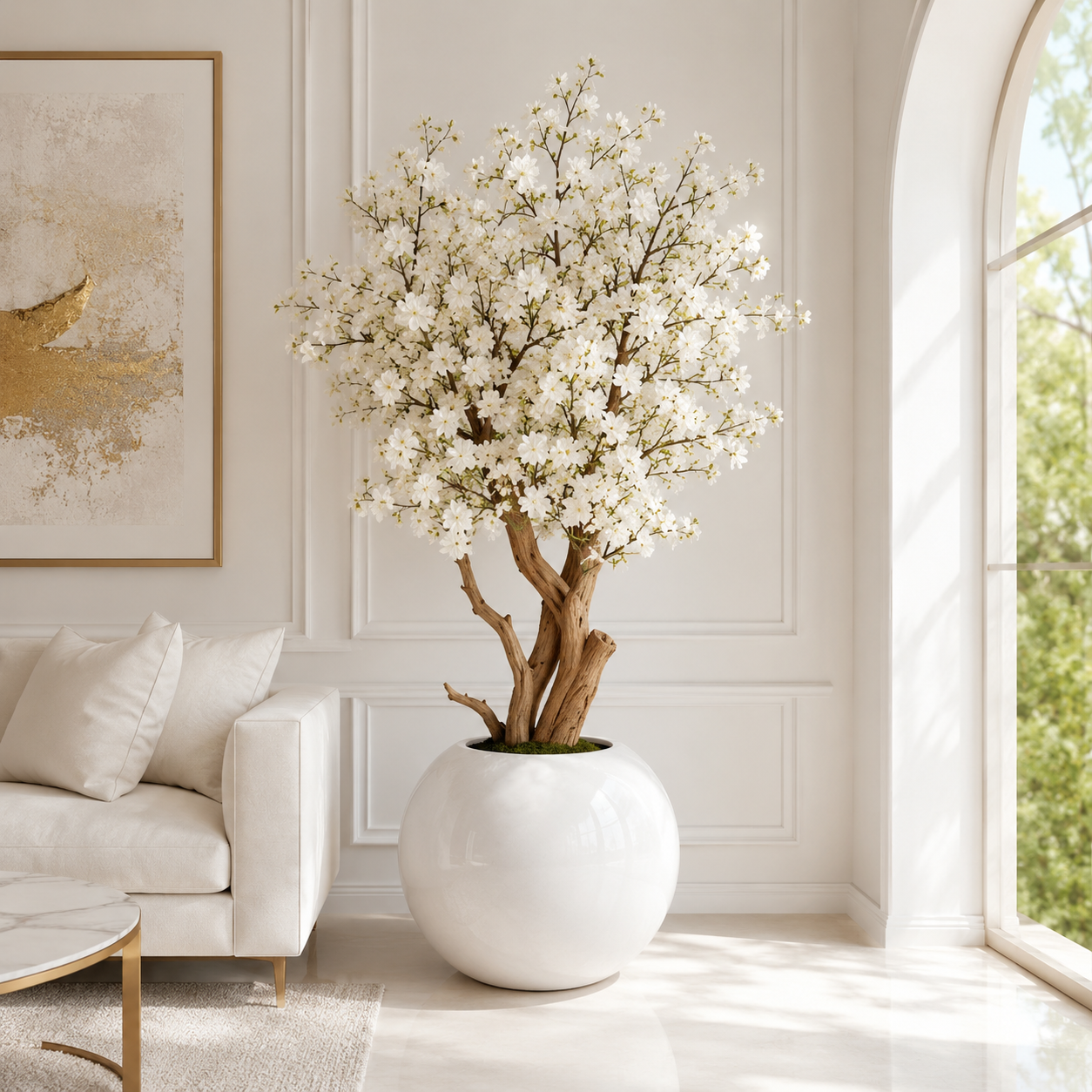 Cerisier blanc dans un vase sphérique laqué pour décoration intérieure | Solérive