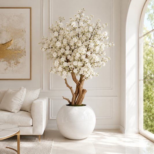Cerisier blanc dans un vase sphérique laqué pour décoration intérieure | Solérive