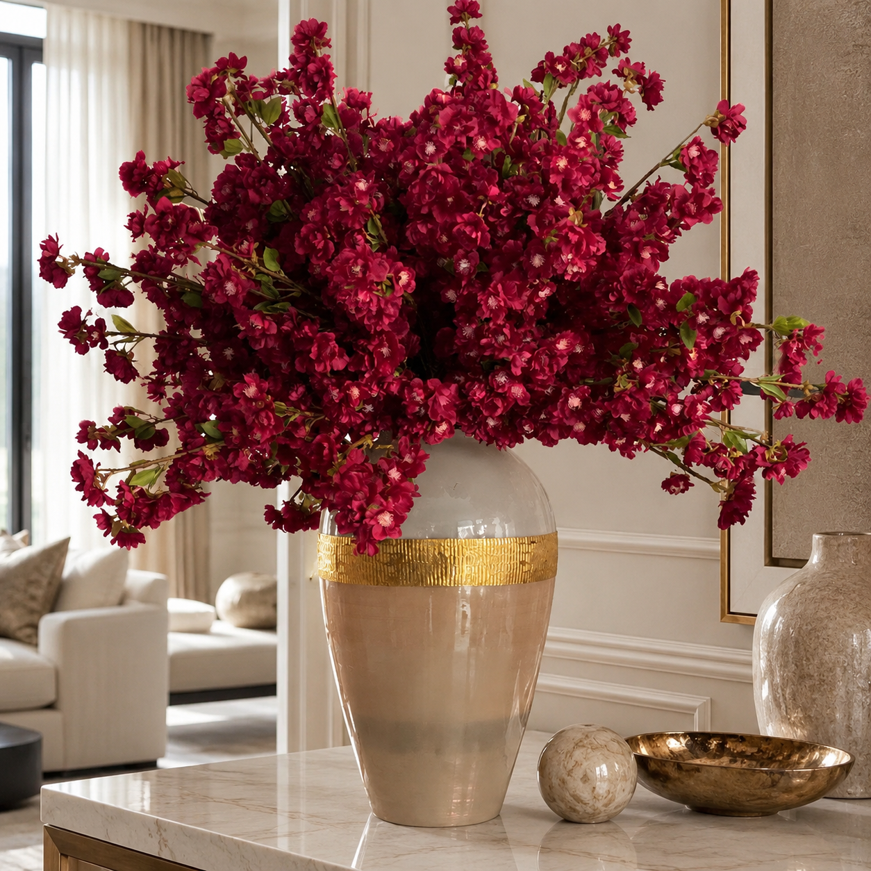 Vase Déesse avec fleurs de cerisier bordeaux pour décoration intérieure | Solérive