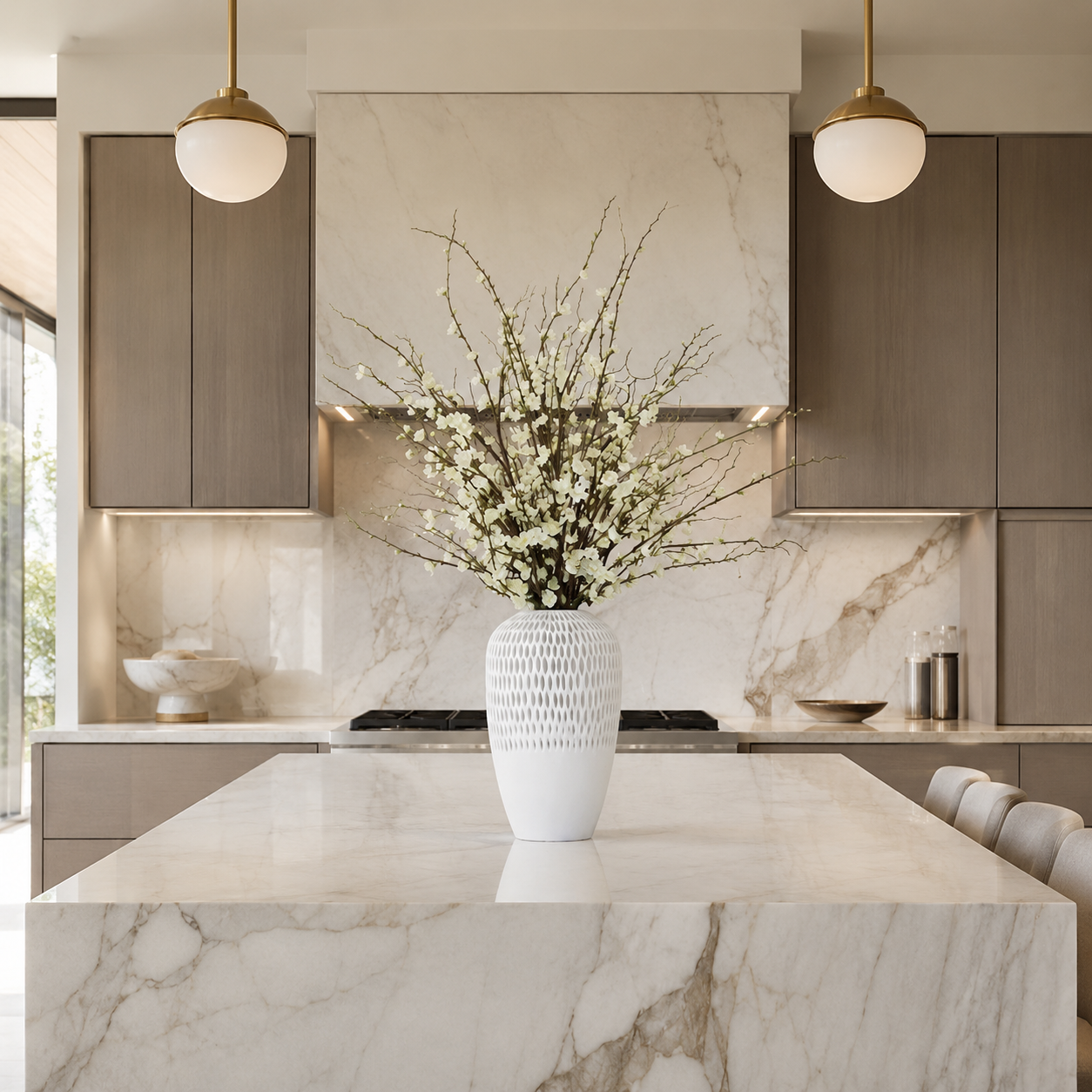Fleurs de cerisier blanches dans un vase Pelican pour décoration intérieure | Solérive