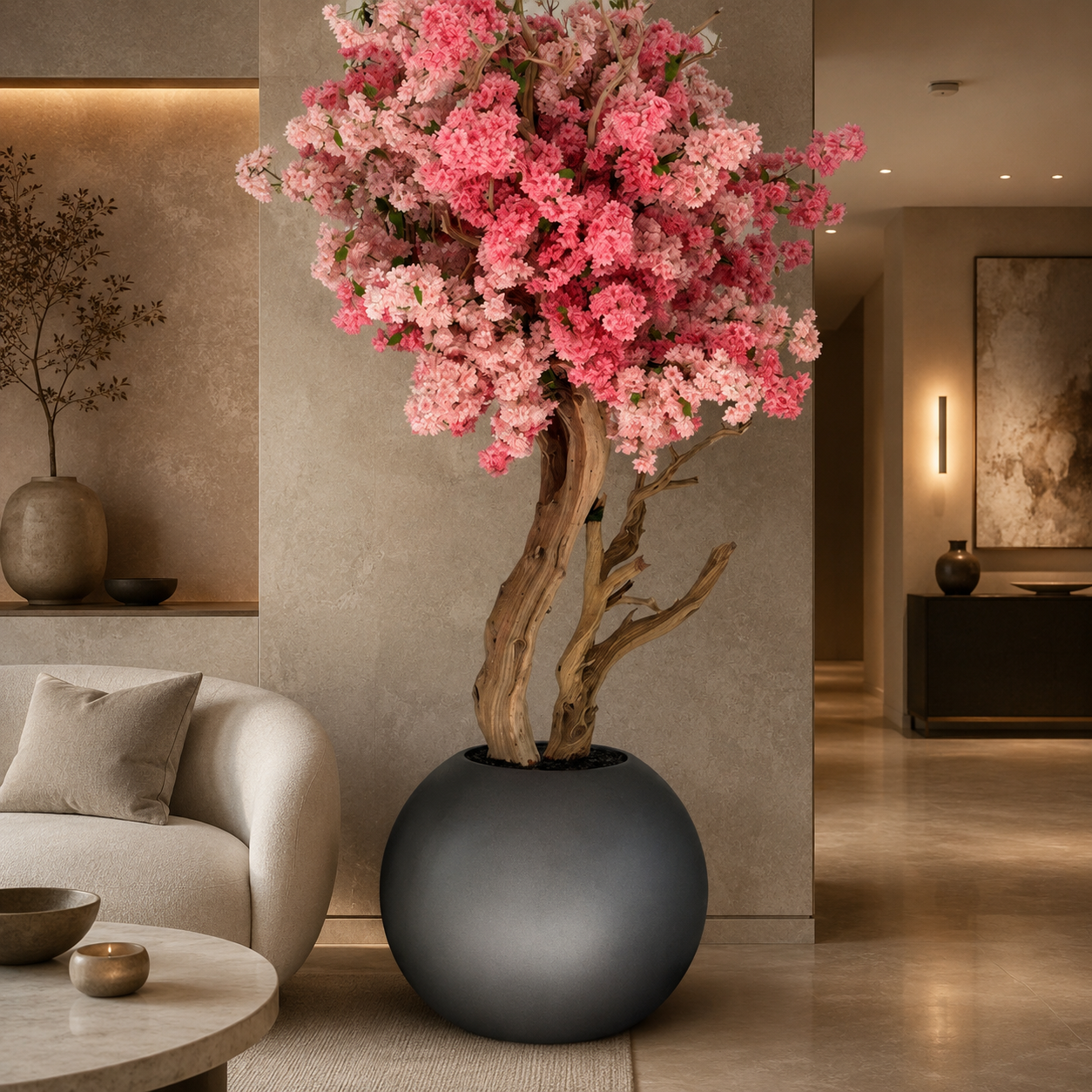Fleurs de cerisier bicolores dans un vase Globe gunmetal mat pour décoration intérieure | Solérive