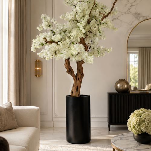Cerisier blanc dans un cache-pot St. Tropez noir mat pour décoration intérieure | Solérive
