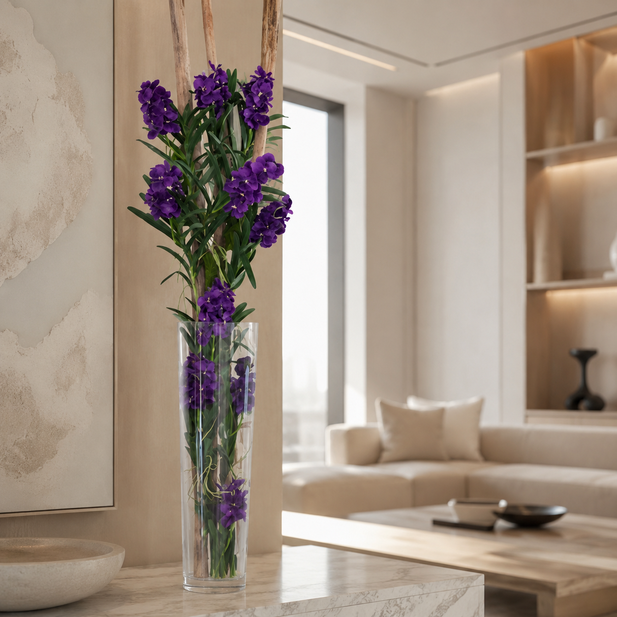 Orchidées Vanda pourpres et bois flotté dans un cylindre en verre grand format pour décoration intérieure | Solérive