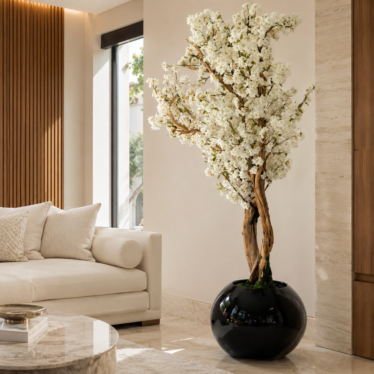 Cerisier blanc dans un vase Globe noir laqué pour décoration intérieure | Solérive