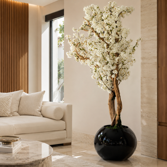 Cerisier blanc dans un vase Globe noir laqué pour décoration intérieure | Solérive