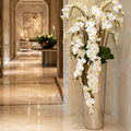Orchidées Phalaenopsis retombantes dans un cône évasé en acier inoxydable poli pour décoration intérieure | Solérive