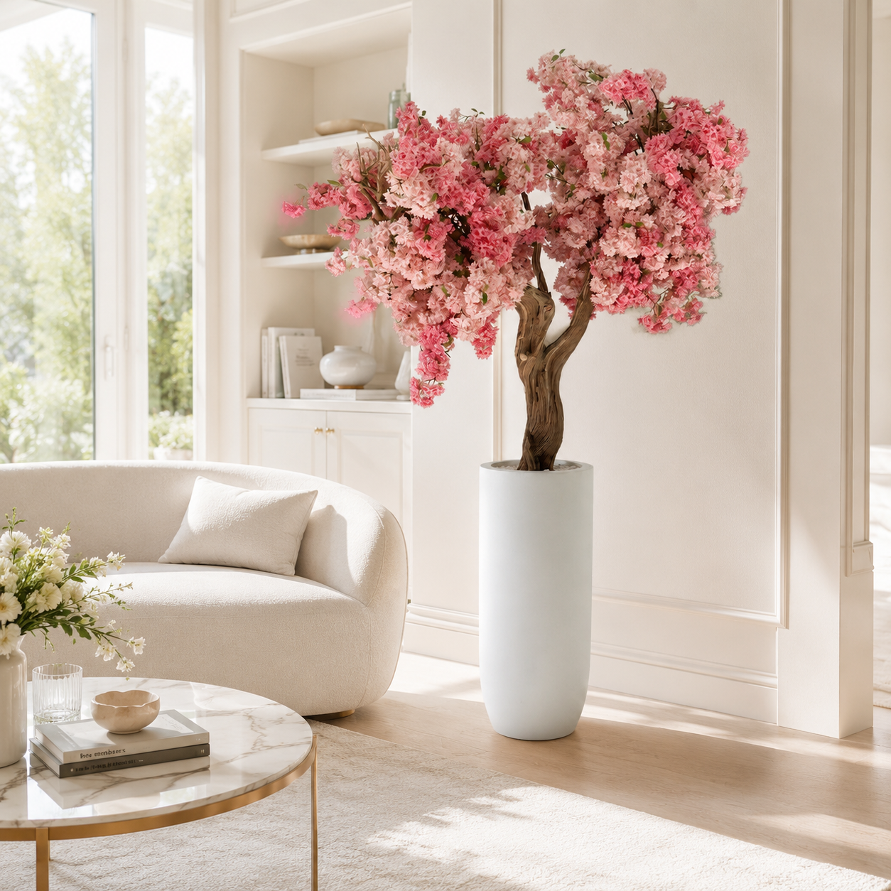 Cerisier rose dans un cache-pot St. Tropez blanc mat pour décoration intérieure | Solérive