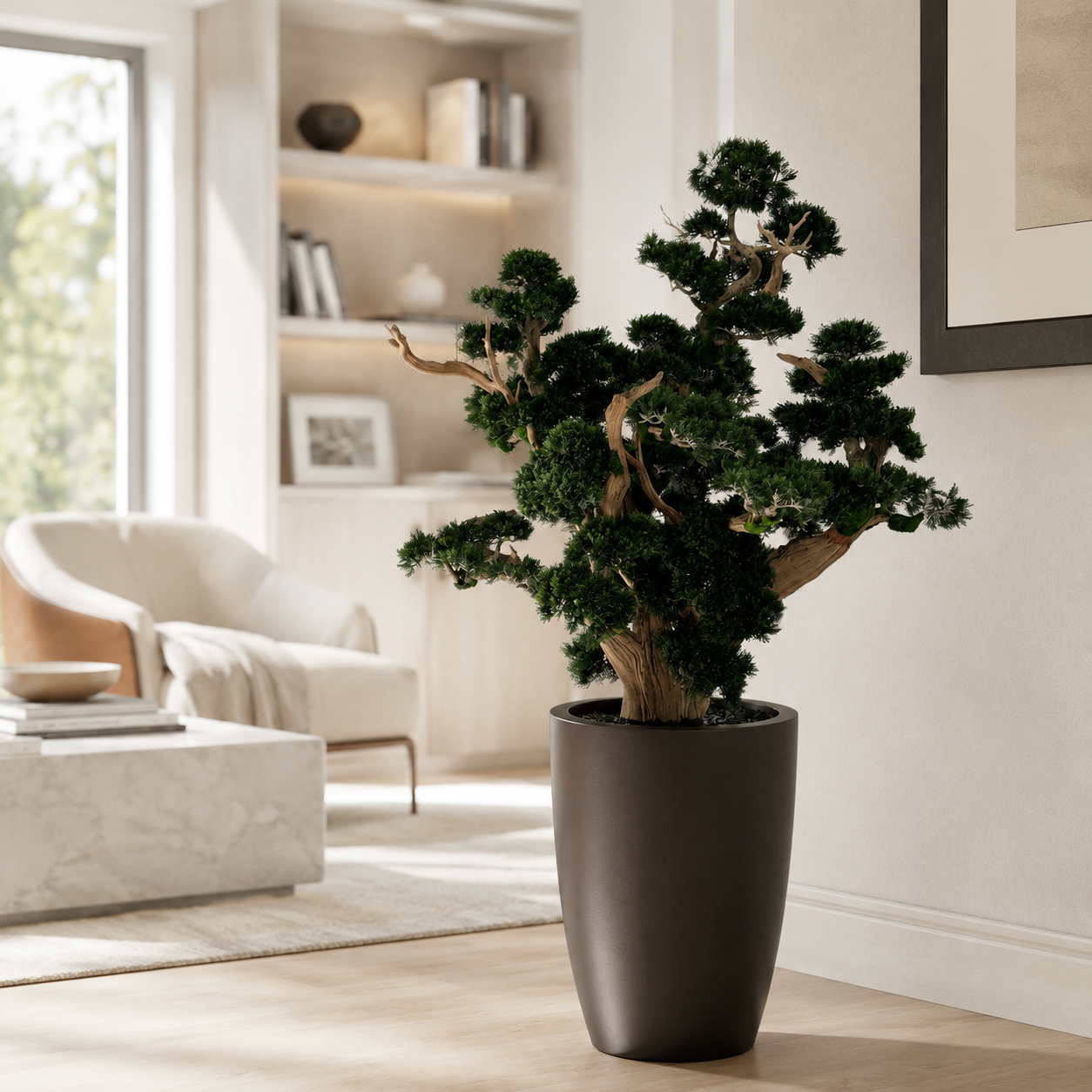 Bonsaï grand format dans un cache-pot Brannan brun mat pour décoration intérieure | Solérive