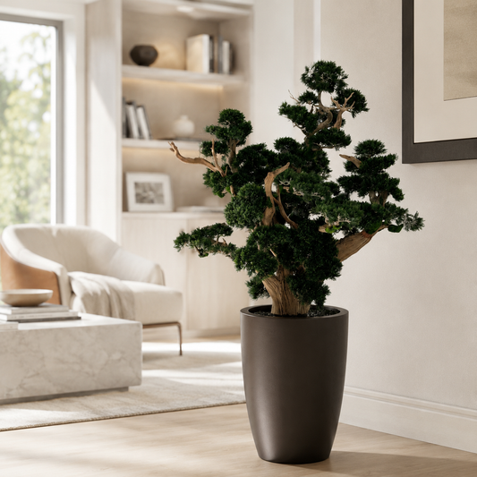 Bonsaï grand format dans un cache-pot Brannan brun mat pour décoration intérieure | Solérive