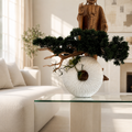 Bonsaï retombant et bois flotté dans un vase Éternité beige mat moyen pour décoration intérieure | Solérive