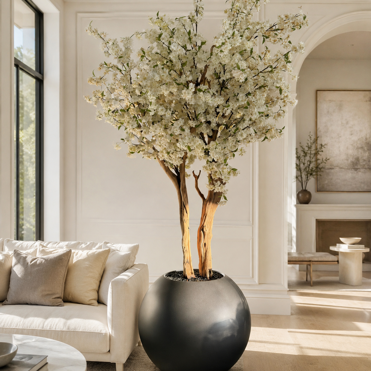 Cerisier blanc dans un vase Globe gunmetal mat pour décoration intérieure | Solérive