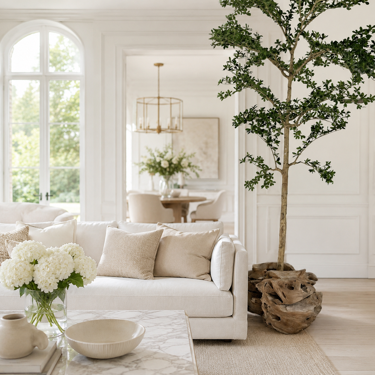 Arbre Lady Shady 274 cm dans un cache-pot en teck sculpté pour décoration intérieure | Solérive