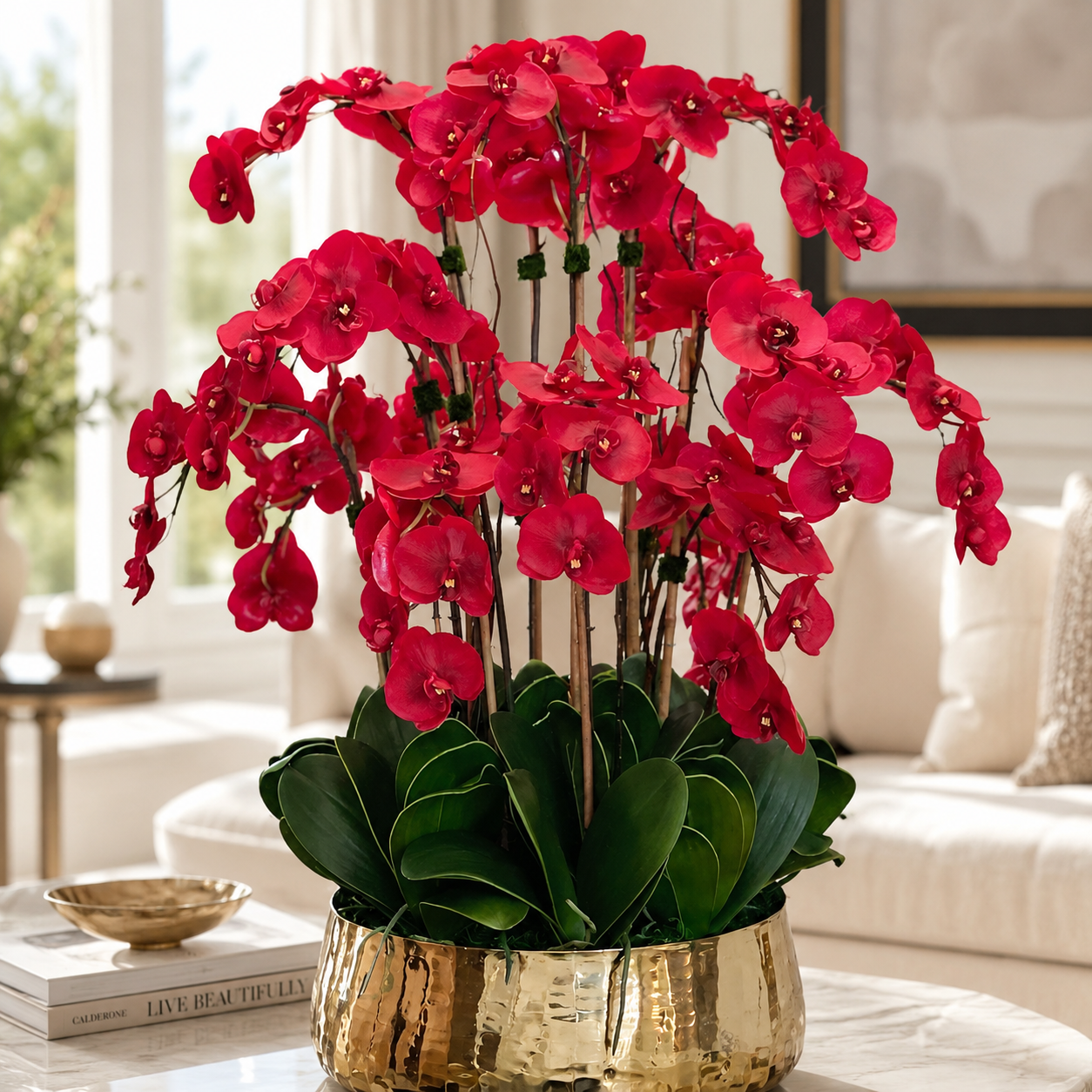 Orchidées Phalaenopsis rouges dans un cache-pot doré moyen pour décoration intérieure | Solérive