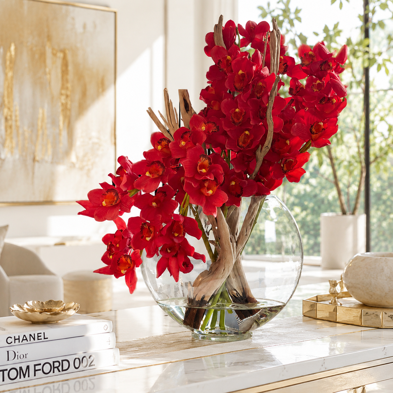 Cymbidiums rouges dans un vase Luna pour décoration intérieure | Solérive