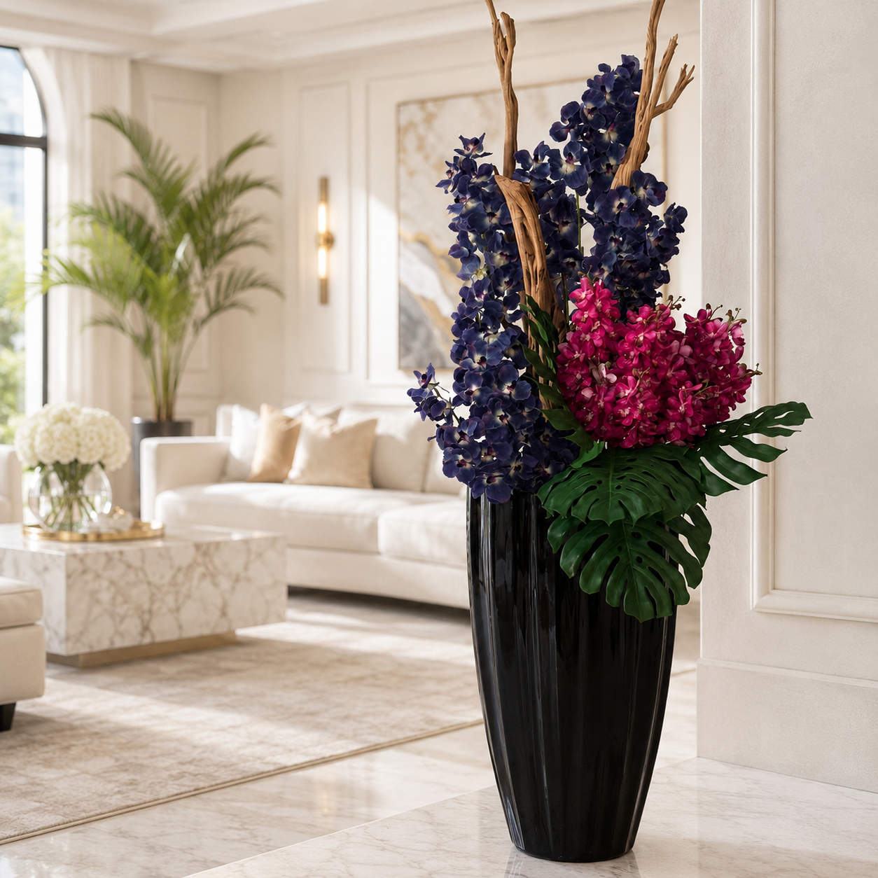 Orchidées Vanda et Mokara dans un cache-pot San José noir laqué pour décoration intérieure | Solérive