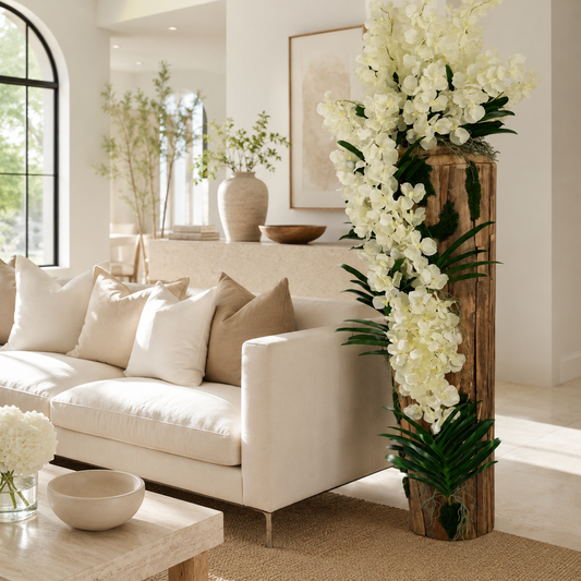 Vase en teck à bord naturel avec orchidées Vanda blanches pour décoration intérieure | Solérive