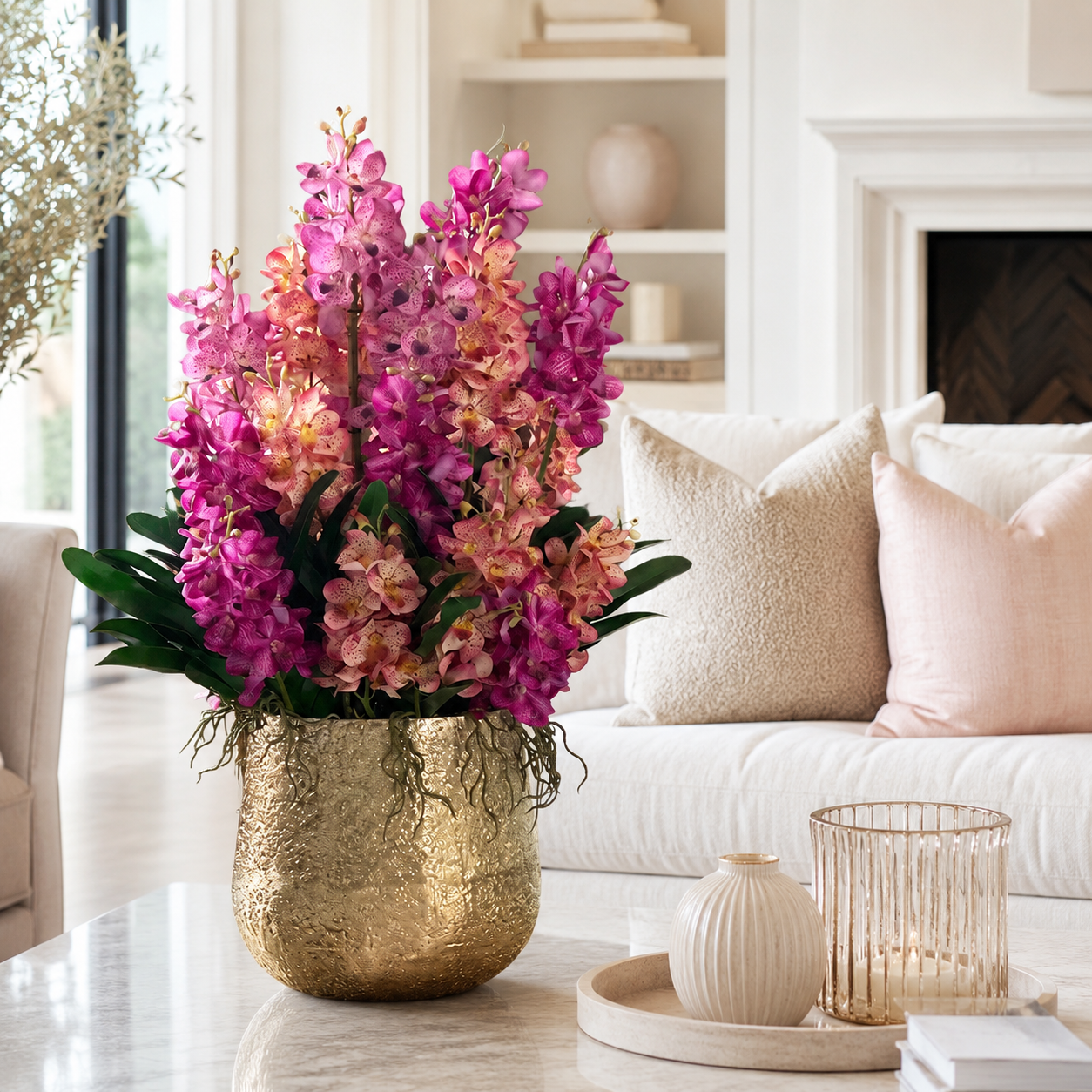 Grand bol Delaney avec orchidées Mokara mixtes pour décoration intérieure | Solérive